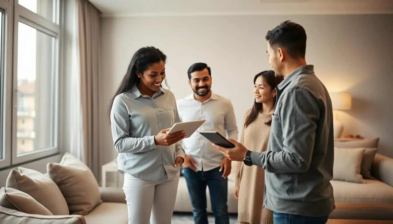home automation installer demonstrating technology to a family in a modern living room.