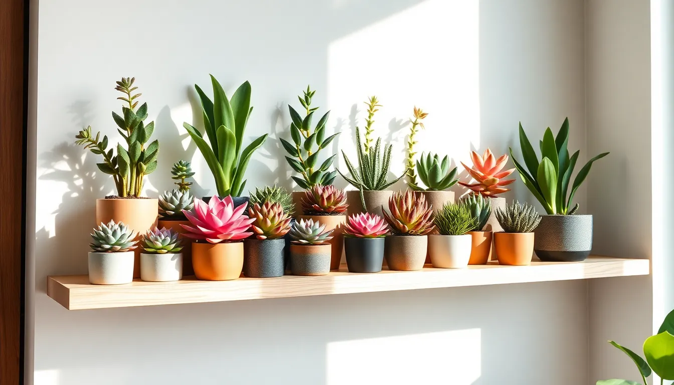 variety of succulent house plants on a wooden shelf.