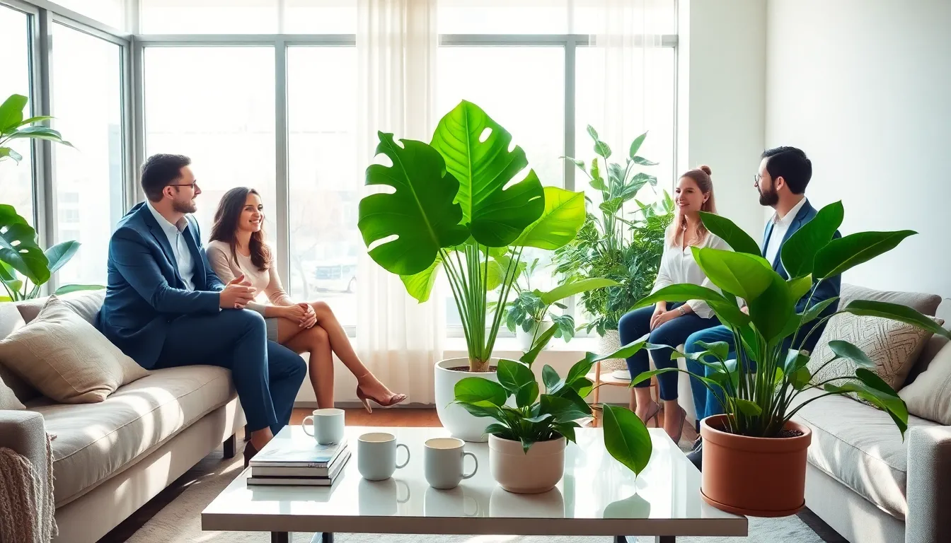diverse professionals discussing large indoor house plants in a modern living room.